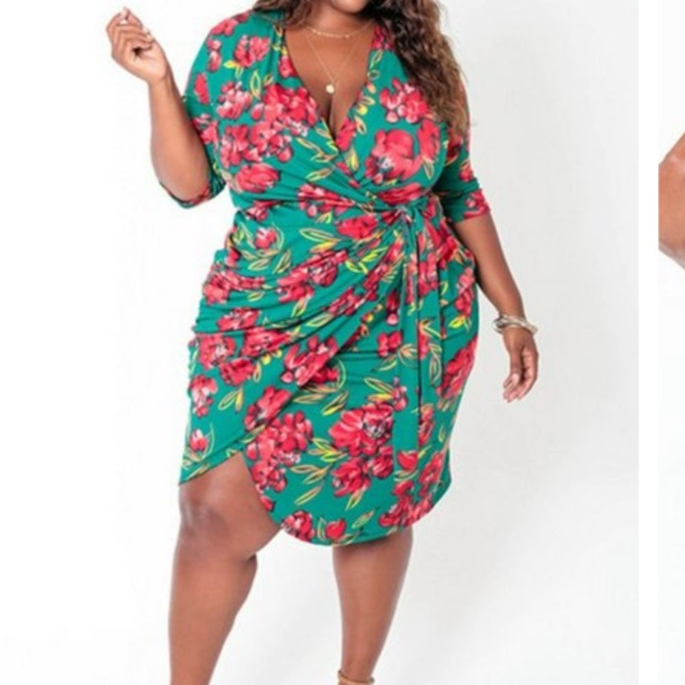 Plus Size Floral Print Bandage Design Wrap Dress